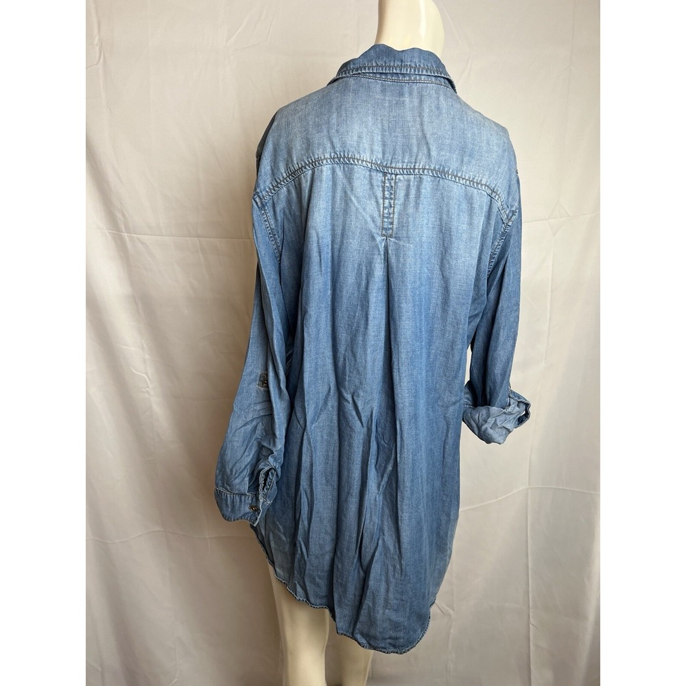 Chico's Long Denim Tunic Shirt Blue Button Up Roll Tab Sleeves 2 (12 Large) - Picture 3 of 13